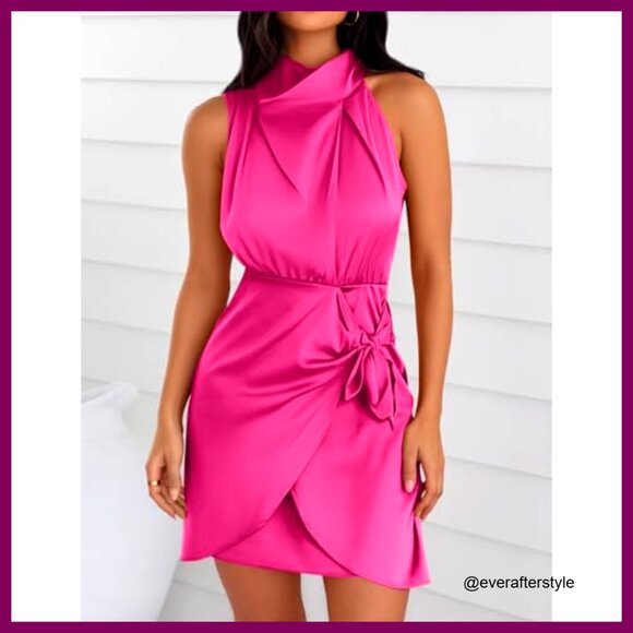 Satin Halter Neck Wrap Dress Elegant Bodycon Cocktail Party Mini - Picture 2 of 7